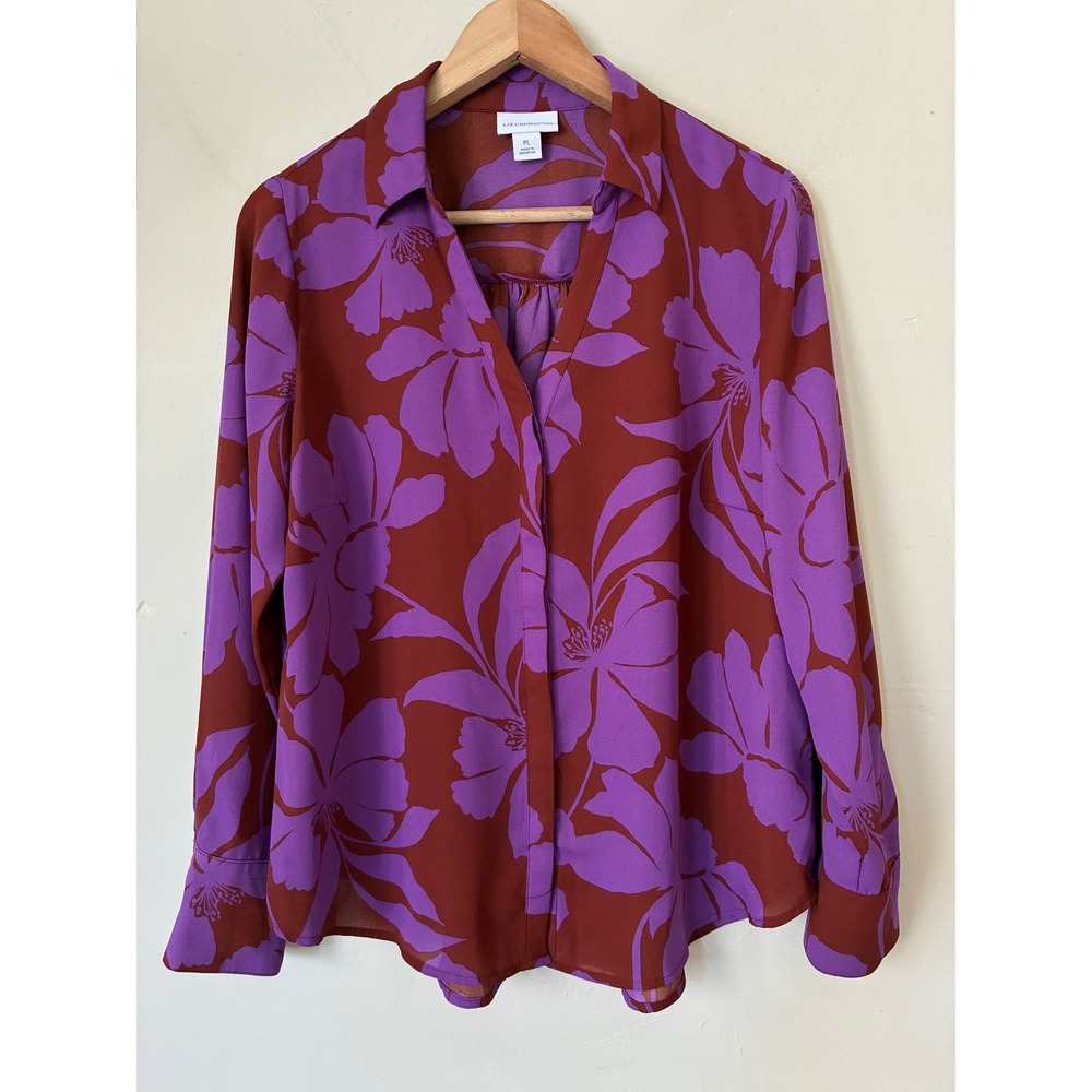 Liz Claiborne Purple Floral Fall Rust Brown V-Neck Blouse Petite Large PL Boho